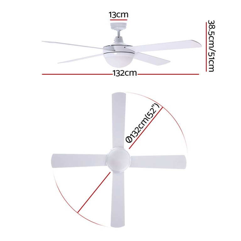 devanti 52'' ceiling fan ac motor w/light w/remote white