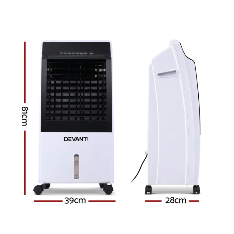 devanti evaporative air cooler fan conditioner 8l Portable air cooler dimensions: 81cm height, 39cm width, 28cm depth.