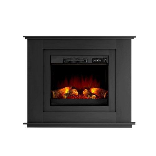 Black electric fireplace with glowing embers and logs.