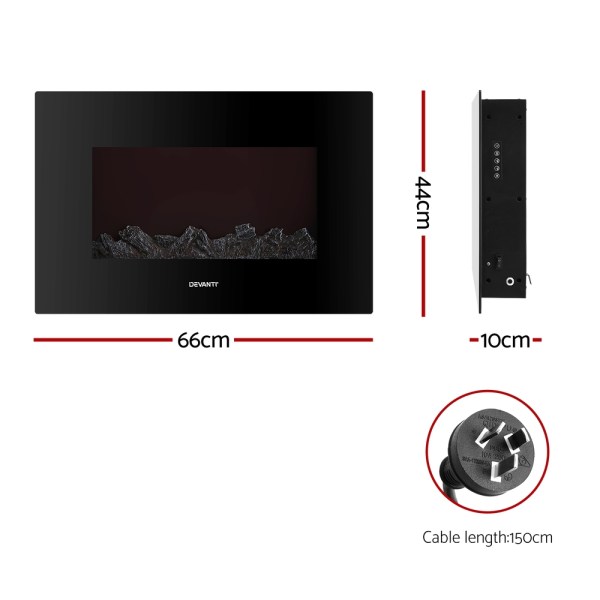 devanti electric fireplace fire heater 2000w black Wall-mounted electric fireplace dimensions and plug details.