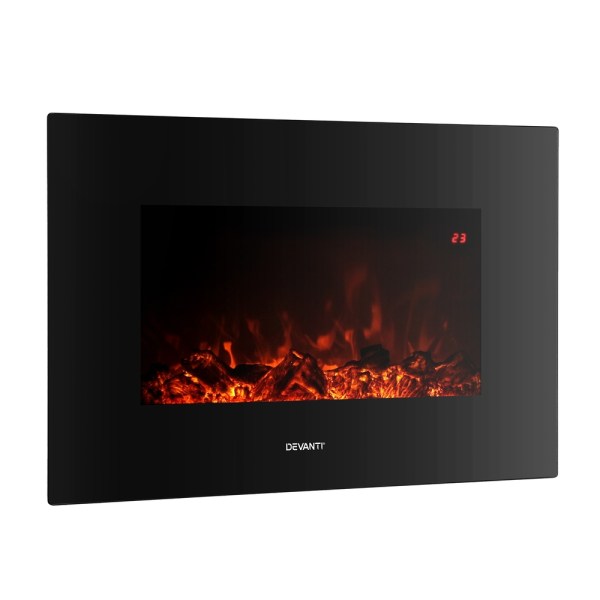 devanti electric fireplace fire heater 2000w black Wall-mounted electric fireplace with digital display.