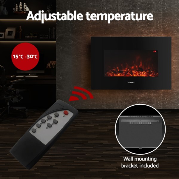 devanti electric fireplace fire heater 2000w black Adjustable temperature electric fireplace, remote control included.