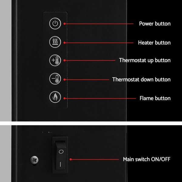 devanti electric fireplace fire heater 2000w black Heater control panel with function buttons and switch