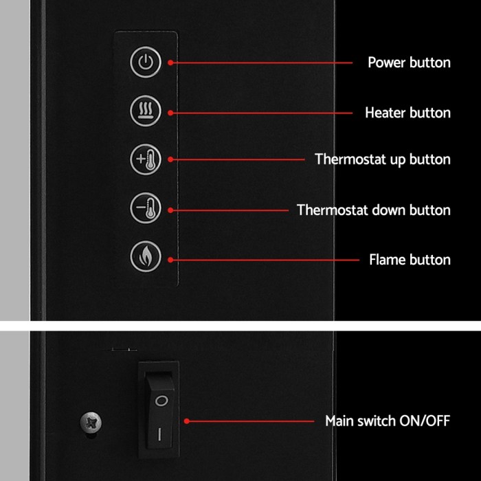 devanti electric fireplace fire heater 2000w black Heater control panel with function buttons and switch