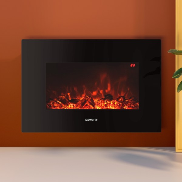 devanti electric fireplace fire heater 2000w black Modern electric fireplace with glowing embers.