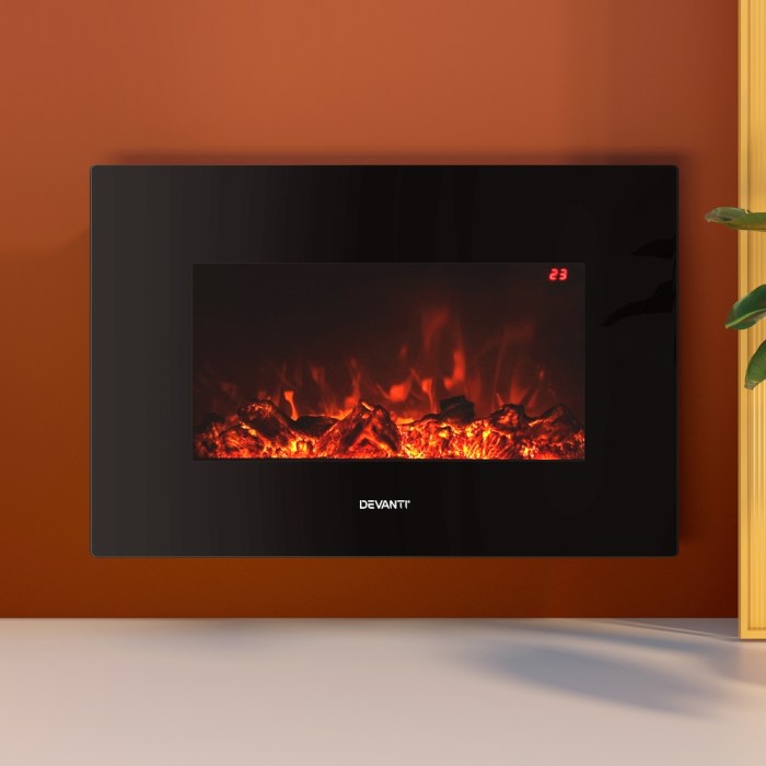 devanti electric fireplace fire heater 2000w black Modern electric fireplace with glowing embers.