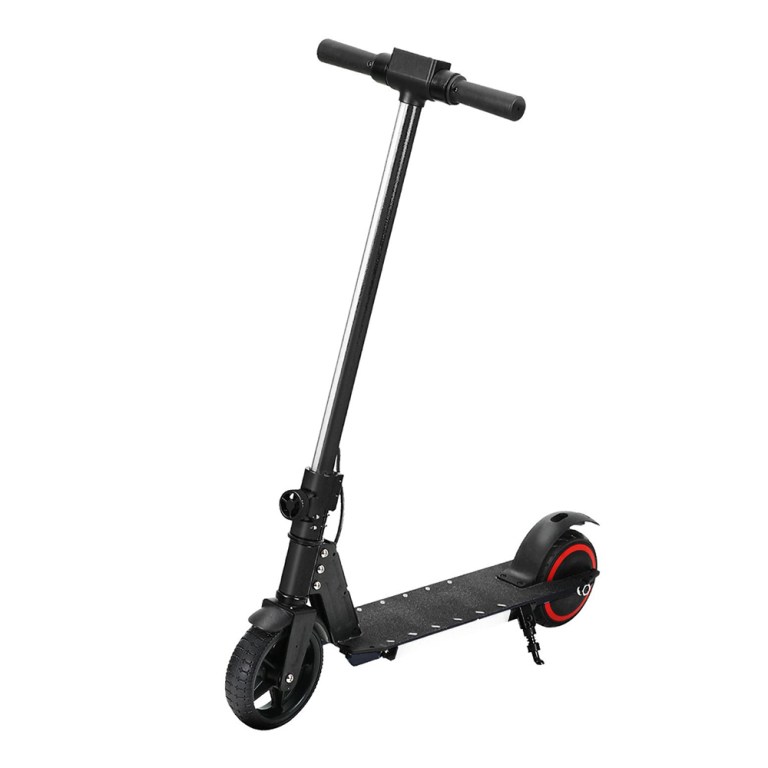 esc s32 6 bk 202503061006 00.jpg Black electric scooter with red wheel accents.