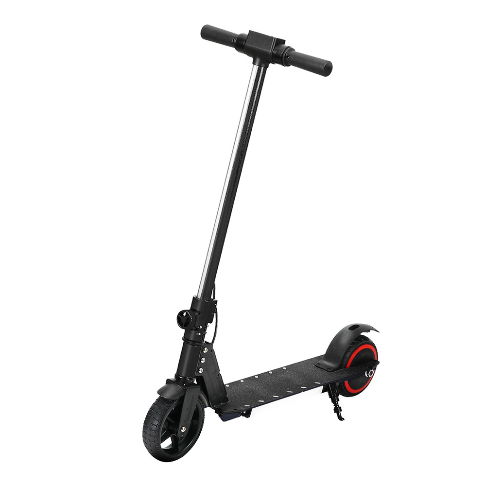 esc s32 6 bk 202503061006 00.jpg Black electric scooter with red wheel accents.