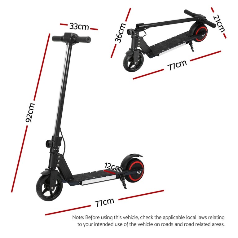 electric scooter 130w 16km/h led light folding portable riding commuter black Electric scooter dimensions: folded and unfolded view.