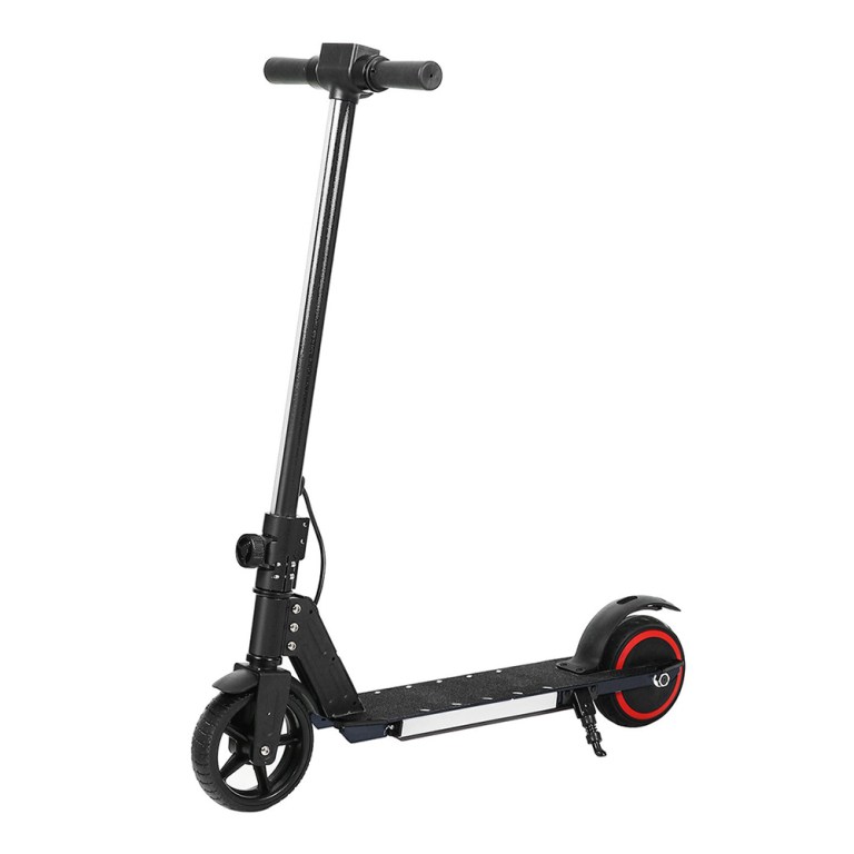 electric scooter 130w 16km/h led light folding portable riding commuter black Black electric scooter with red accents on wheels.