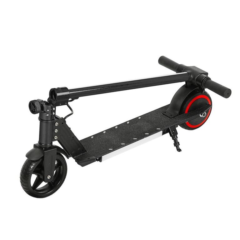 electric scooter 130w 16km/h led light folding portable riding commuter black Compact black electric scooter, folded for storage.