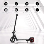 electric scooter 130w 16km/h led light folding portable riding commuter black Electric scooter with specifications in futuristic tunnel background.