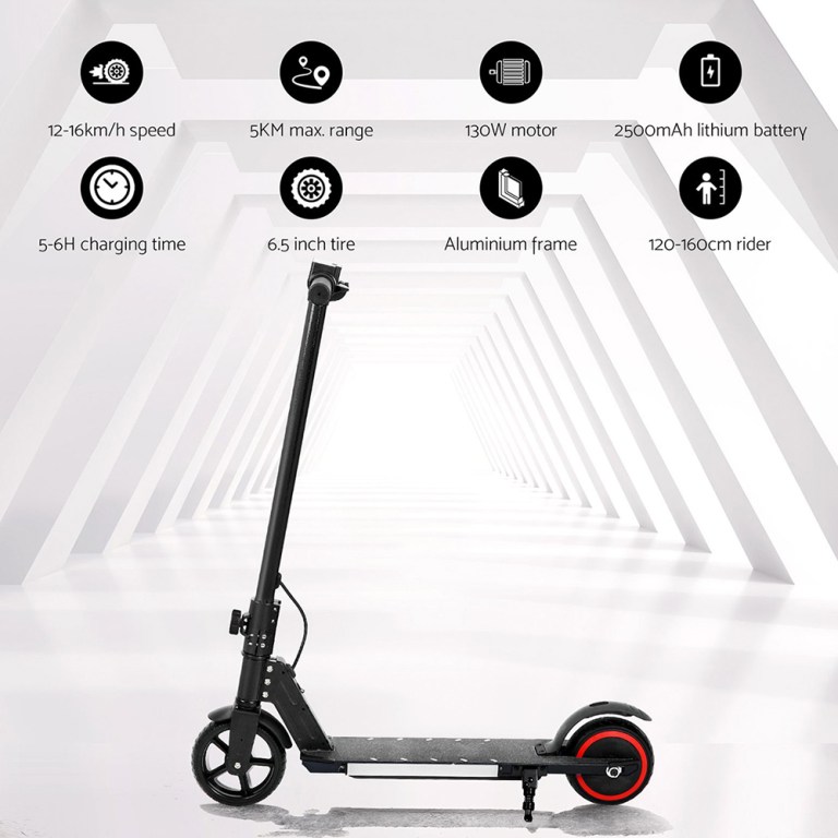 electric scooter 130w 16km/h led light folding portable riding commuter black Electric scooter with specifications in futuristic tunnel background.