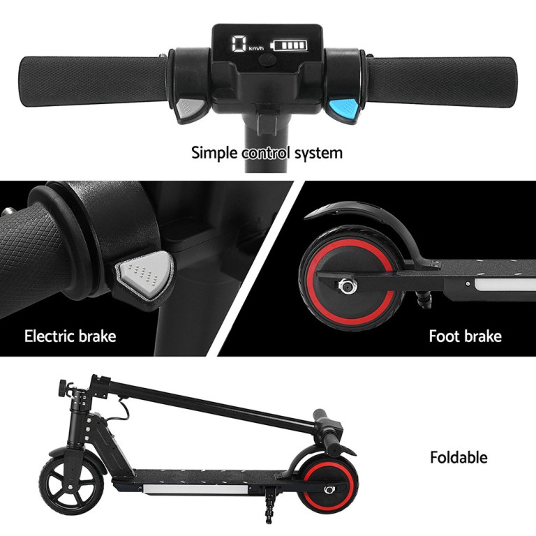 electric scooter 130w 16km/h led light folding portable riding commuter black Electric scooter with brakes and foldable design.