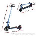 Blue electric scooter dimensions illustrated.