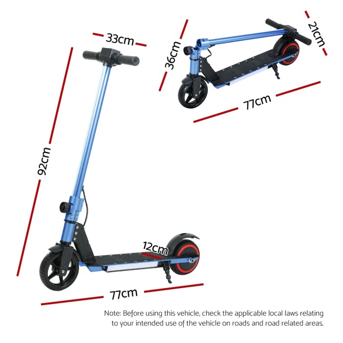 electric scooter 130w 16km/h led light folding portable riding commuter blue Blue electric scooter dimensions illustrated.