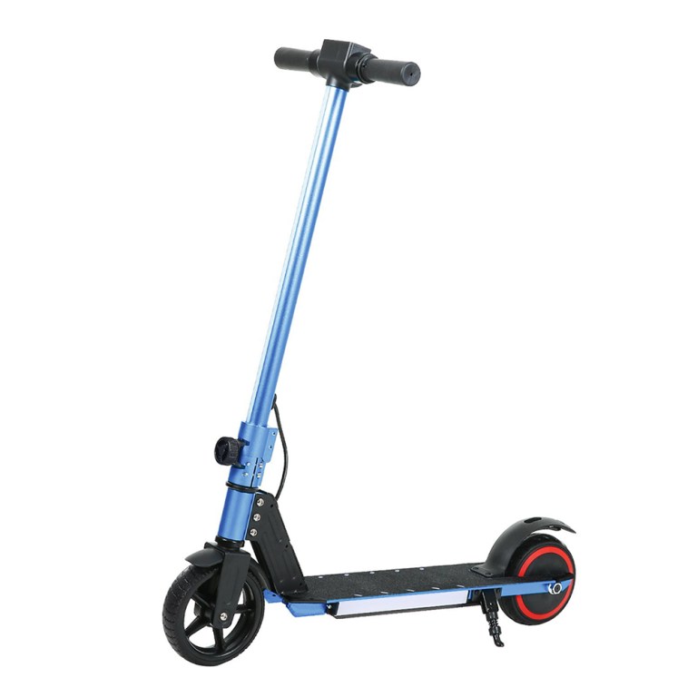 Blue electric scooter with black wheels.