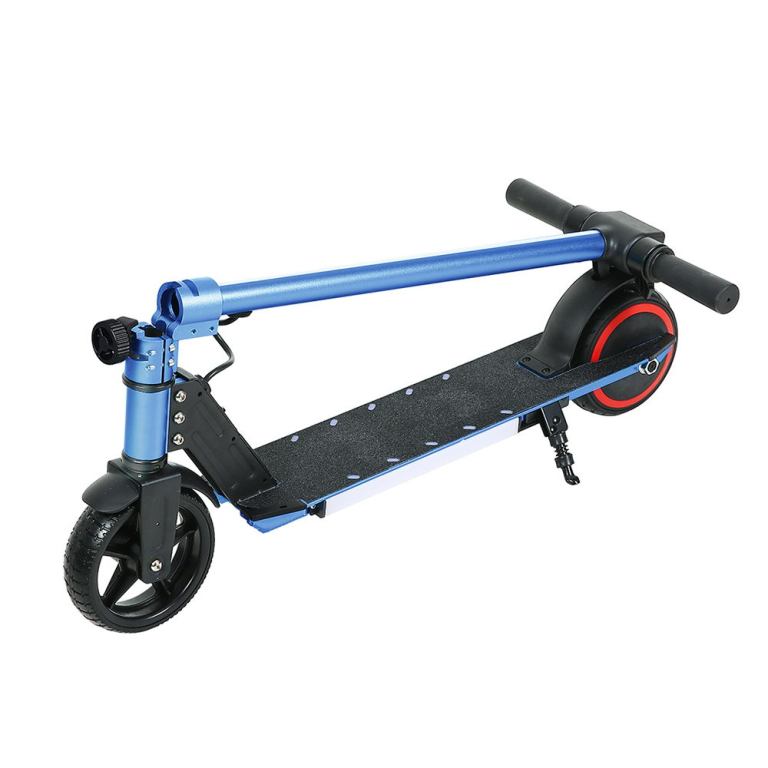 Foldable electric scooter with blue frame.