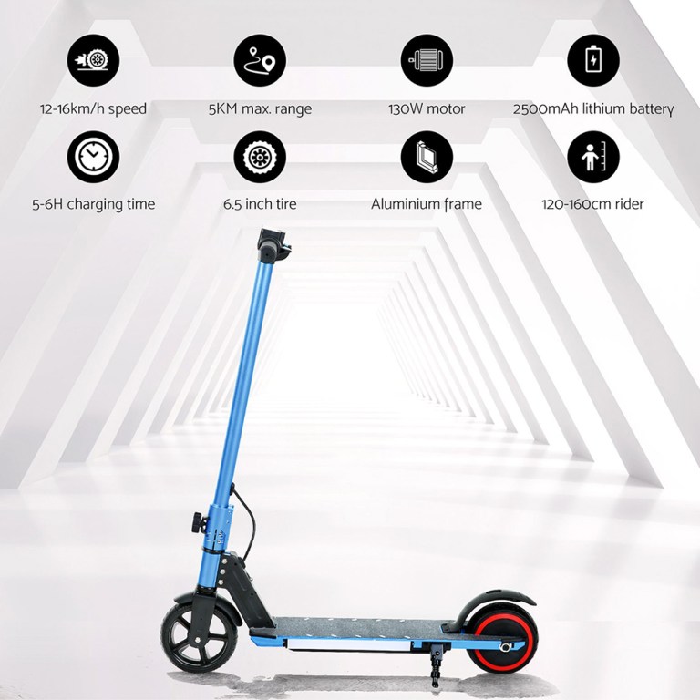 Blue electric scooter features and specifications displayed.