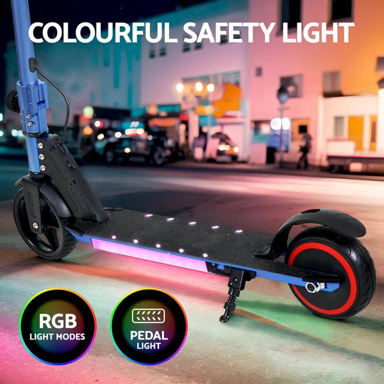 Electric scooter with colourful LED safety lights.