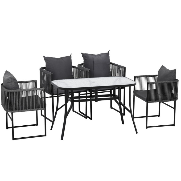 gardeon 5pcs outdoor dining set table and chairs rope patio furniture garden black Gardeon 5-Piece Outdoor Dining Set with Glass Top - Black