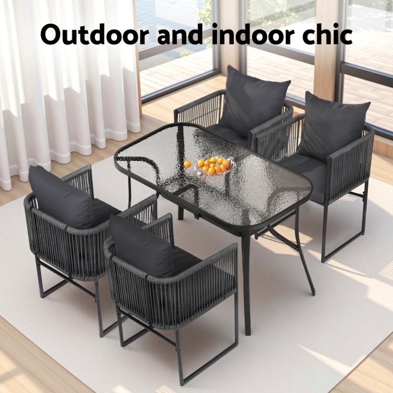gardeon 5pcs outdoor dining set table and chairs rope patio furniture garden black Gardeon 5-Piece Outdoor Dining Set with Glass Top - Black