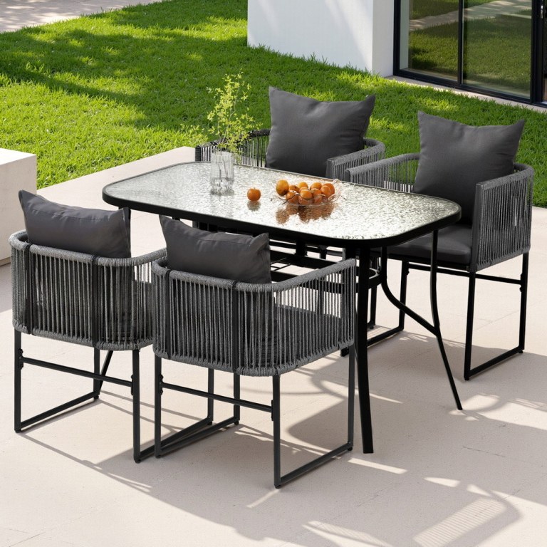 gardeon 5pcs outdoor dining set table and chairs rope patio furniture garden black Gardeon 5-Piece Outdoor Dining Set with Glass Top - Black