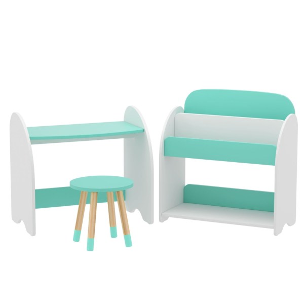 Kids' mint and white furniture set, desk and shelf.