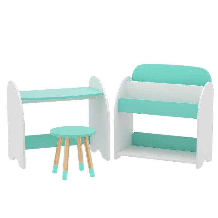 Kids' mint and white furniture set, desk and shelf.