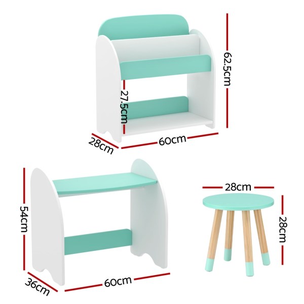 Kids furniture set: shelf, desk, stool measurements.
