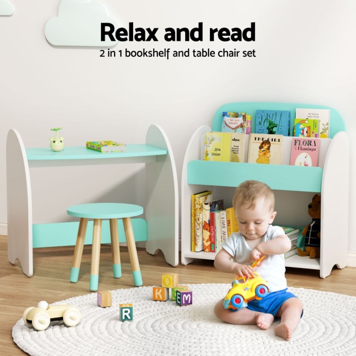 Children's bookshelf and table set with toys displayed.