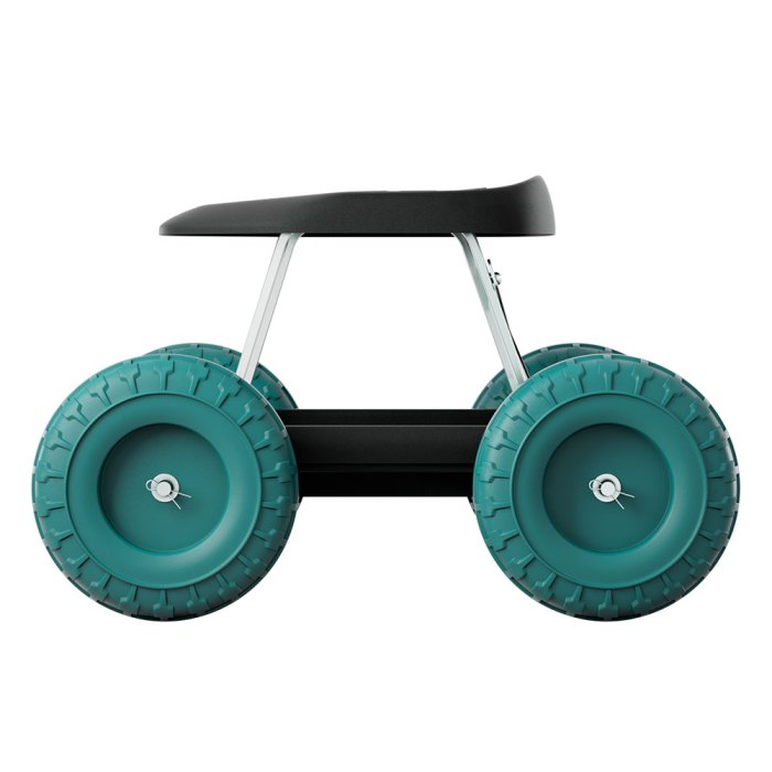 Turquoise-wheeled mobility seat with black seat top.