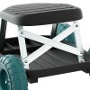 Close-up of cart with teal wheels, metal frame.