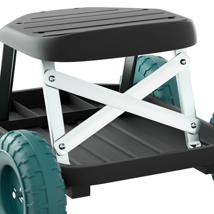 Close-up of cart with teal wheels, metal frame.