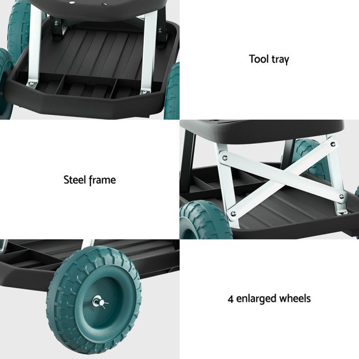 Gardening trolley with steel frame, tool tray, wheels.