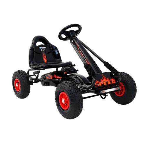 Kids' black pedal go-kart with red wheels.