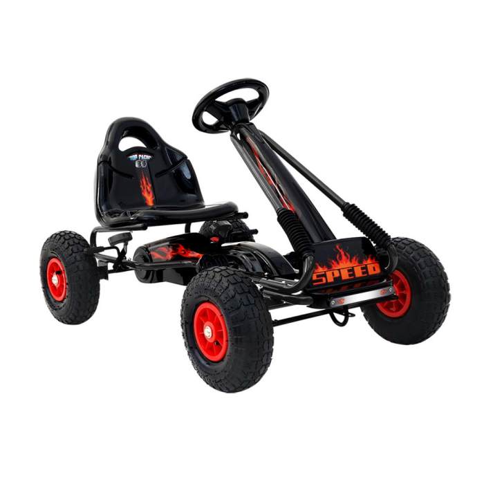 gkrt f1a bk 5463 00.jpg Kids' black pedal go-kart with red wheels.