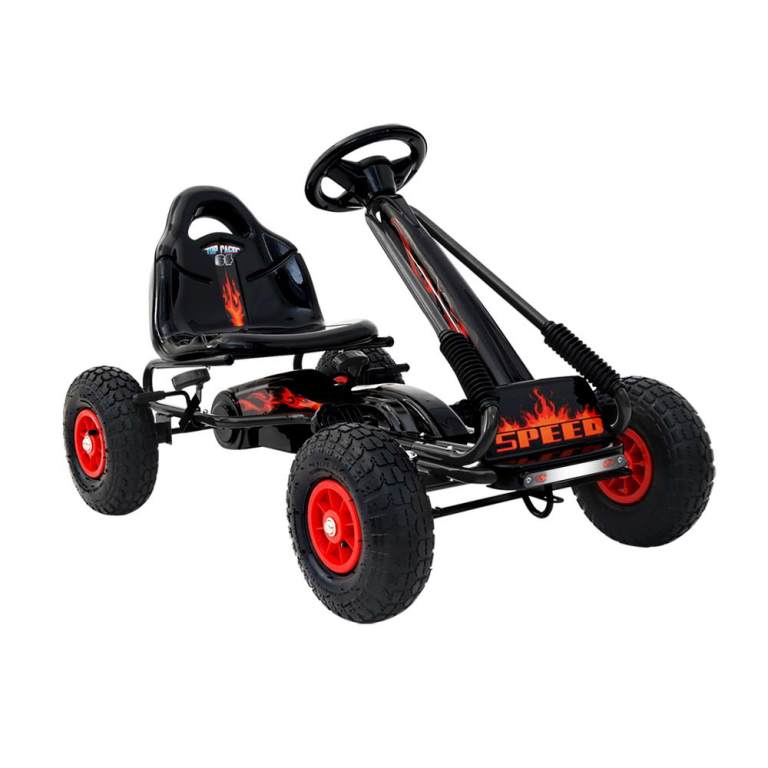 gkrt f1a bk 5463 00.jpg Kids' black pedal go-kart with red wheels.