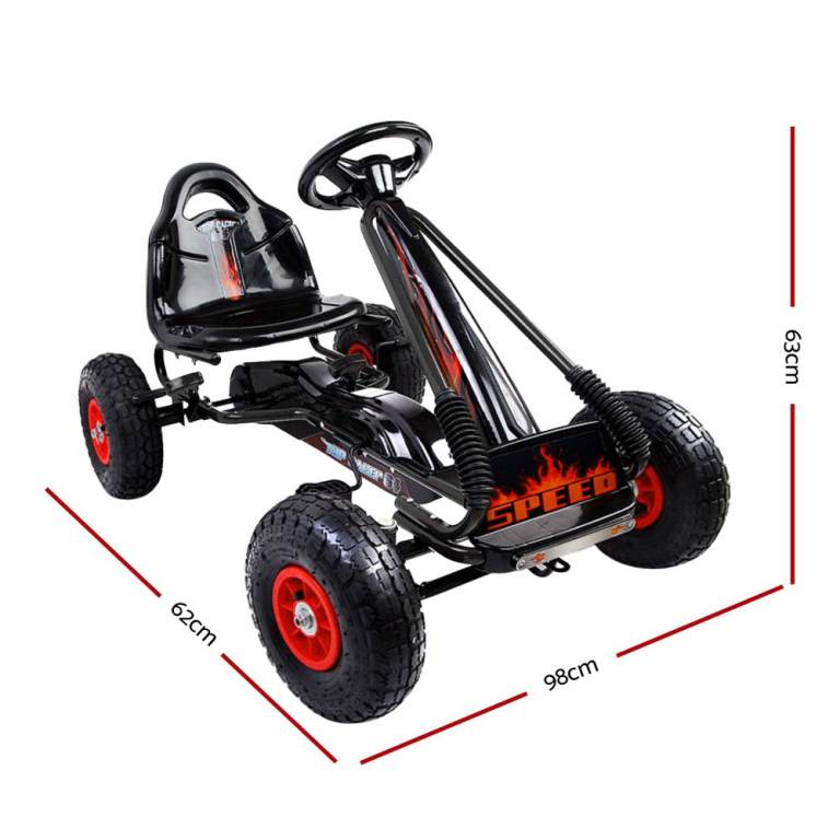 rigo kids pedal go kart ride on toys racing car rubber tyre black Black pedal go-kart with red wheels.