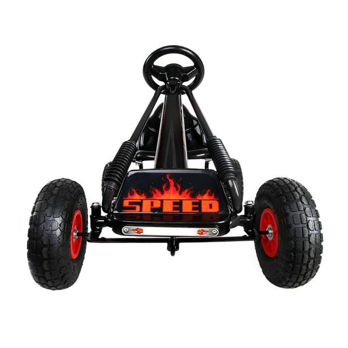 rigo kids pedal go kart ride on toys racing car rubber tyre black Black pedal go-kart with 'Speed' design.