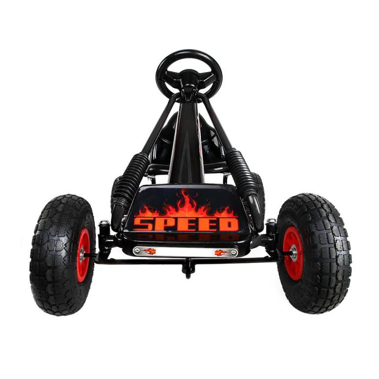 rigo kids pedal go kart ride on toys racing car rubber tyre black Black pedal go-kart with 'Speed' design.