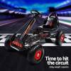 rigo kids pedal go kart ride on toys racing car rubber tyre black Black go-kart on racetrack, 30kg capacity.