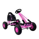 Pink pedal go-kart with black seat and wheels