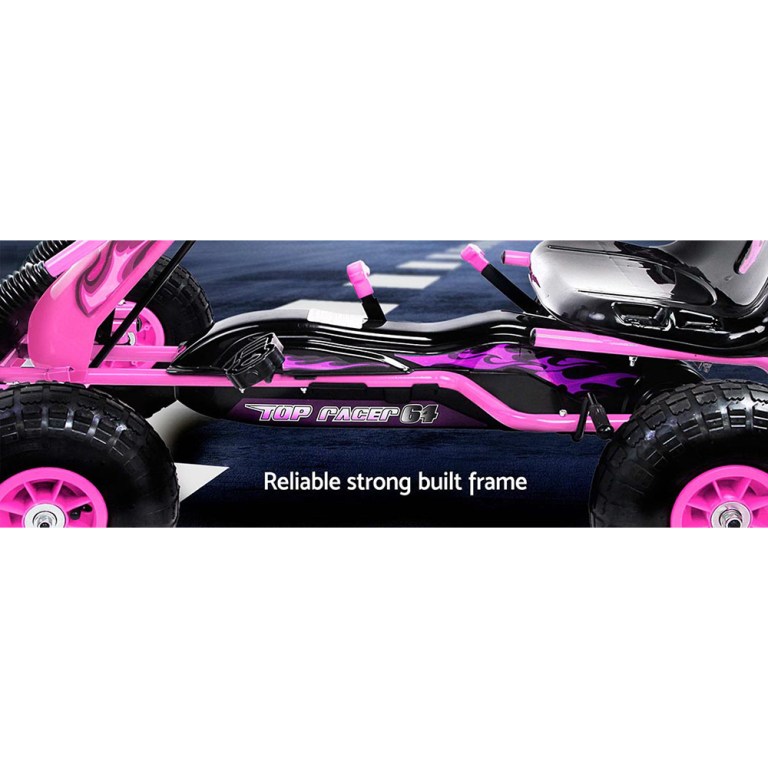 Pink go-kart with reliable strong frame.