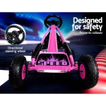 Pink go-kart with safety features, designed to prevent rollover.