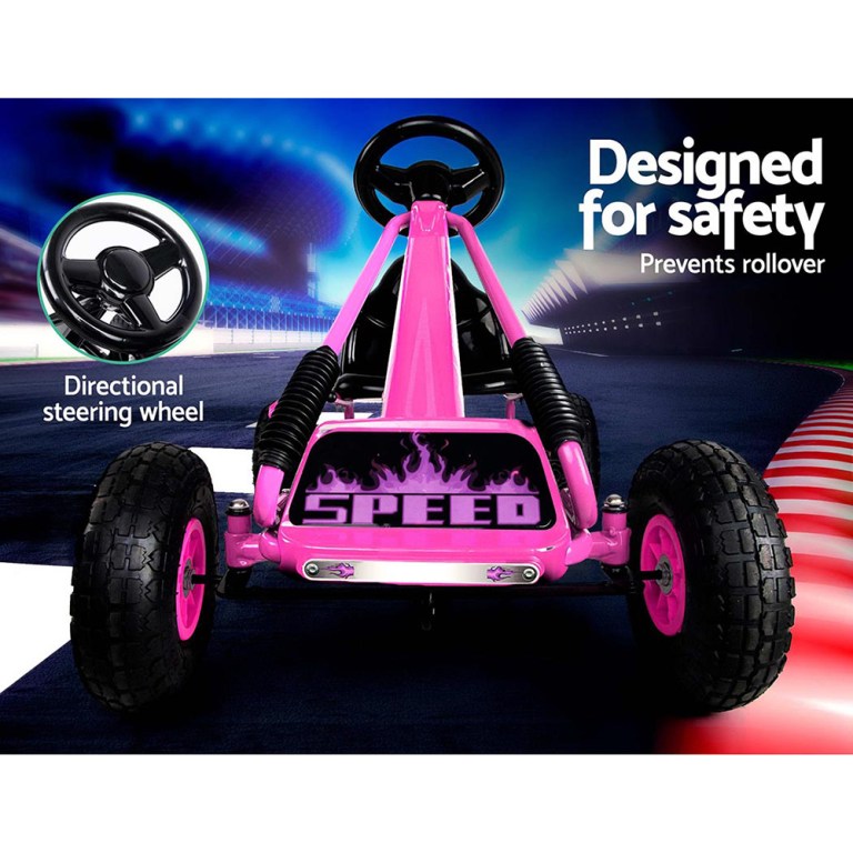Pink go-kart with safety features, designed to prevent rollover.