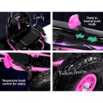 Pink toy car features safety, comfort, vibration reduction.