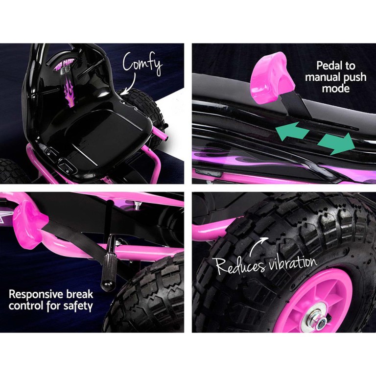 Pink toy car features safety, comfort, vibration reduction.