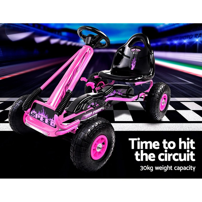 Pink pedal go-kart with 30kg weight capacity.