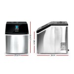 Portable stainless steel benchtop ice maker dimensions shown.